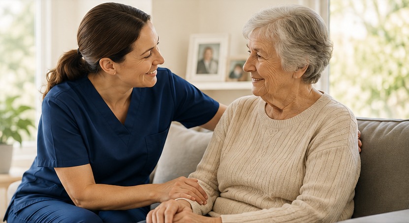 Caregiver smiling with an older adult at home
